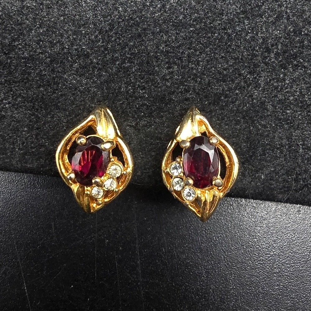 Gold Tone Garnet Gemstone Clip On Earrings January Birth Stone